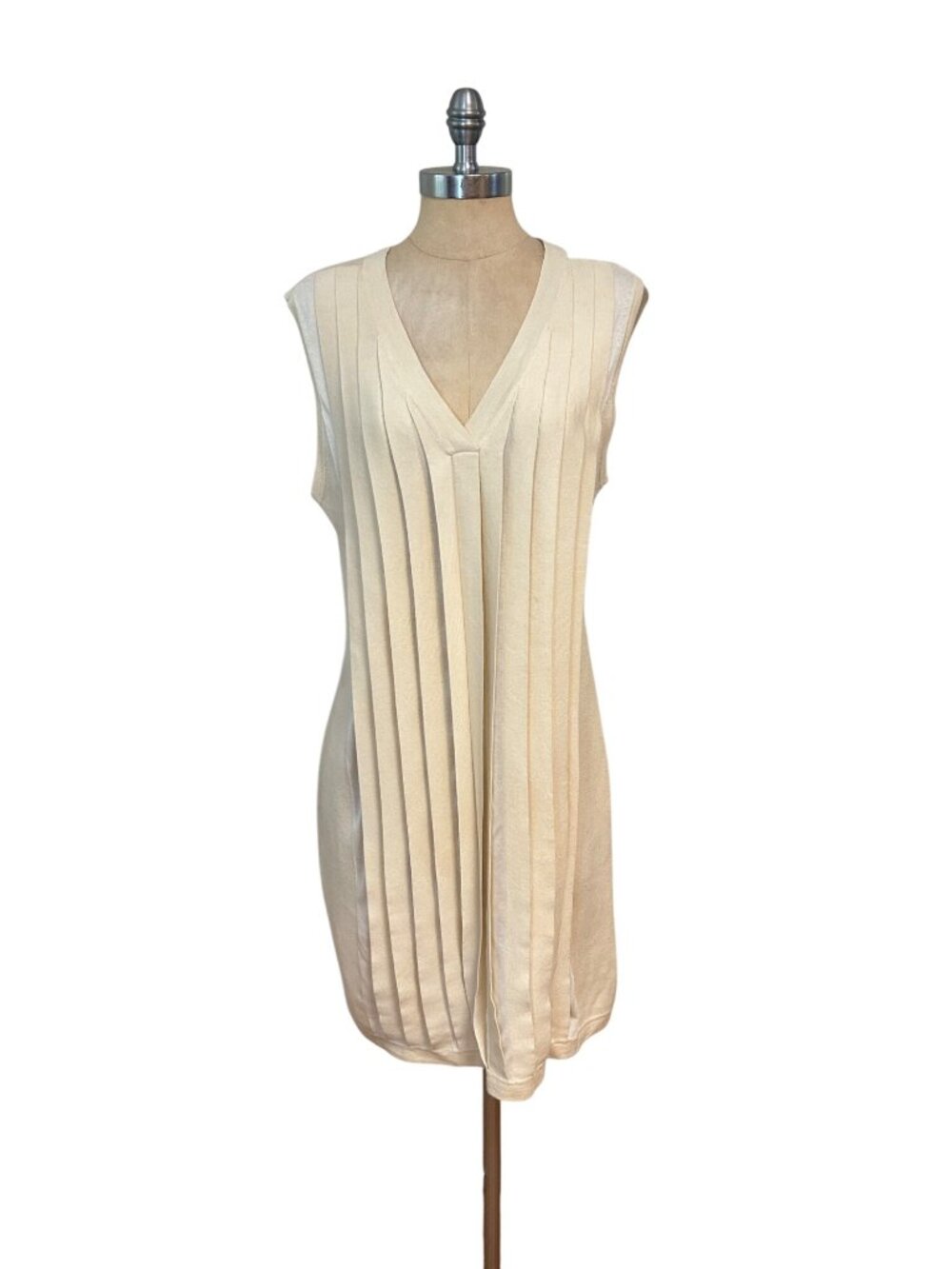 Magaschoni Beige Sleeveless Silk Cashmere Knit Dress  Pleated Front Large